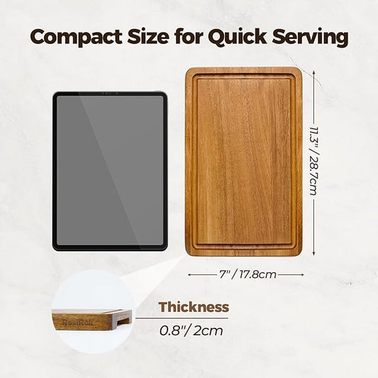 Small Acacia Wood Cutting Board for Kitchen - 11.5"x7" Compact Tablet-Sized Chopping Board, Mini Charcuterie, Steak & Brunch Serving Tray with Juice Grooves & Handles, Gift for Dad