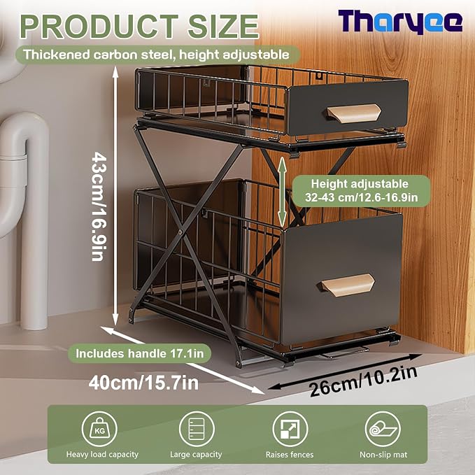 2 Tier Pull Out Pull out Cabinet Organizer with Adjustable Height, Under Sink Organizer, Slide out Pantry Shelves Drawer Storage for Kitchen Organization (Black, 2 Tier)