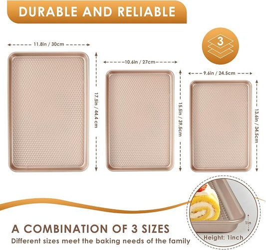 Baking Sheet Pan Set of 3, Nonstick Carbon Steel Cookie Sheets with Texture, Commercial Half/Quarter/Jelly Roll Pans Replacement Toaster Oven Tray, Heavy Duty & Easy Clean, Rose Gold