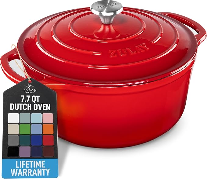 Zulay Kitchen 7.7 Quart Enameled Cast Iron Dutch Oven Pot with Lid – Premium Durability & Oven Safe up to 500°F – Heavy Duty Cookware Perfect for Bread Baking, Stews, Braising & Roasting – Ablaze Red