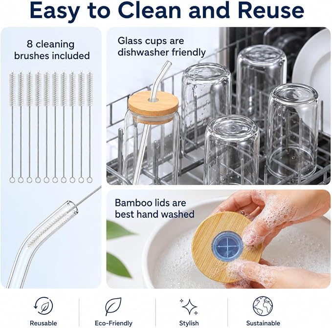 Glass Cups with Lids and Straws Set of 8, 16 oz Can Glasses with Bamboo Lids and Glass Straws, Iced Coffee Cups for Coffee Bar, Cold Brew, Matcha, Soda and Daily Drinks