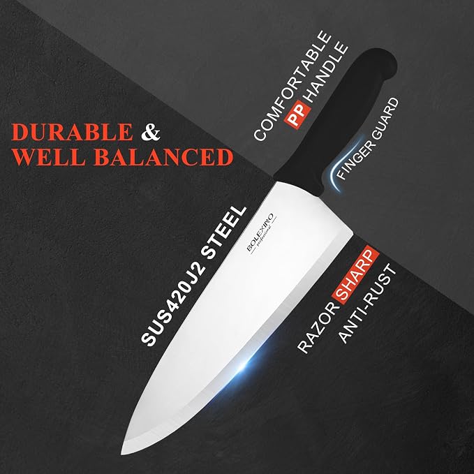 10 inch Japanese High Carbon Stainless Steel Chef Knife, Professional Sharp Wide Cook Knife with Non-slip Ergonomic Handle, for Kitchen Home Restaurant (Black)
