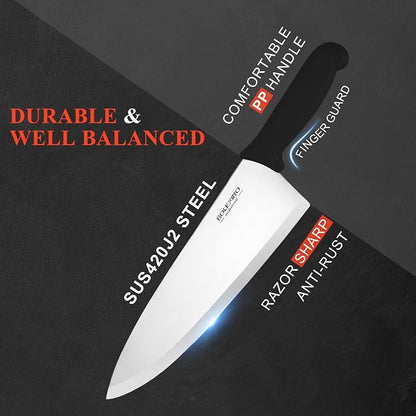 10 inch Japanese High Carbon Stainless Steel Chef Knife, Professional Sharp Wide Cook Knife with Non-slip Ergonomic Handle, for Kitchen Home Restaurant (Black)