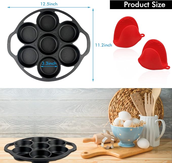 YOLOPLUS+ Pre-seasoned Cast Iron Muffin Pan with Heat Resistant Gloves，11.2 Inch 7 Cups Biscuit Pan with Handle for Biscuits, Cupcake,Muffins, and Scones