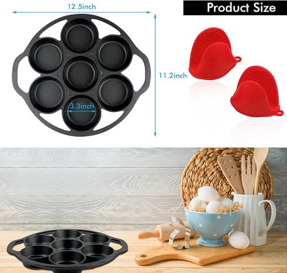 YOLOPLUS+ Pre-seasoned Cast Iron Muffin Pan with Heat Resistant Gloves，11.2 Inch 7 Cups Biscuit Pan with Handle for Biscuits, Cupcake,Muffins, and Scones