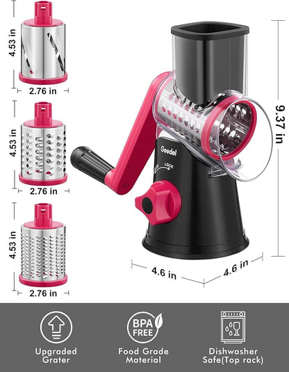 Geedel Rotary Cheese Grater, Kitchen Mandoline Vegetable Slicer with 3 Interchangeable Blades, Easy to Clean Rotary Grater Slicer for Cheese, Vegetables, Nuts