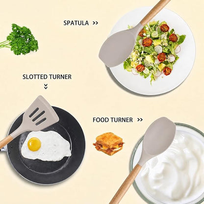 MIBOTE Silicone Cooking Kitchen Utensils Set with Holder, Wooden Handles BPA Free Non Toxic Silicone Turner Tongs Spatula Spoon Kitchen Gadgets Utensil Set for Nonstick Cookware (Khaki)