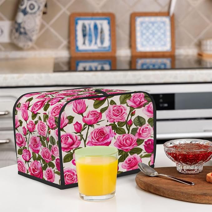 Rose Pink Toaster Cover 4 Slice Wide Slot Washable Toaster Covers | Retro Art Dust and Fingerprint Protection Bread Maker Covers for Kitchen Accessories Decor Bakeware Women Gift