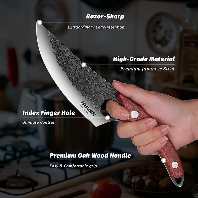 Huusk Viking Knives Hand Forged Boning & Chef Knife - Full Tang Japanese Blade with Sheath - Butcher Meat Cleaver - Camping & Kitchen, Gifts for Men and Women