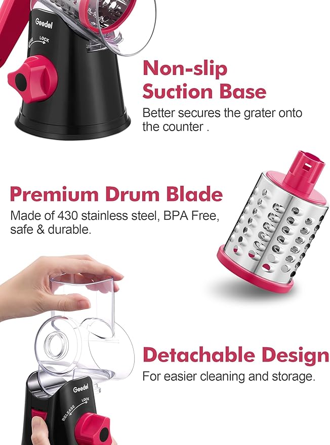 Geedel Rotary Cheese Grater, Kitchen Mandoline Vegetable Slicer with 3 Interchangeable Blades, Easy to Clean Rotary Grater Slicer for Cheese, Vegetables, Nuts