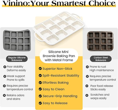 Vinino Silicone Brownie Pan with Dividers, 2 Pack Mini Loaf Pan for Baking Individual, Nonstick 12 Cups Square Muffin Cupcake Pans with Metal Reinforced Frame-Cream