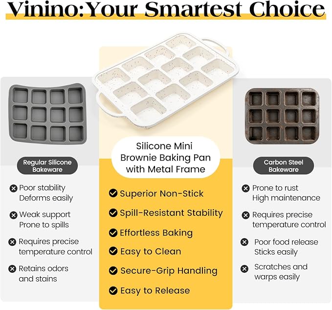 Vinino Silicone Brownie Pan with Dividers, 1 Pack Mini Loaf Pan for Baking Individual, Nonstick 12 Cups Square Muffin Cupcake Pans with Metal Reinforced Frame-Cream