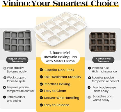 Vinino Silicone Brownie Pan with Dividers, 1 Pack Mini Loaf Pan for Baking Individual, Nonstick 12 Cups Square Muffin Cupcake Pans with Metal Reinforced Frame-Cream