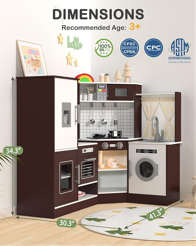 Babytronic Corner Wooden Play Kitchen Set for Kids w/Lights & Sounds, Pretend Play Kitchen Playset with Stove, Microwave, Ice Maker & Accessories, Perfect for Toddlers & Multiple Children (Coffee)