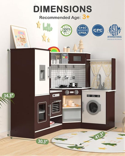 Babytronic Corner Wooden Play Kitchen Set for Kids w/Lights & Sounds, Pretend Play Kitchen Playset with Stove, Microwave, Ice Maker & Accessories, Perfect for Toddlers & Multiple Children (Coffee)