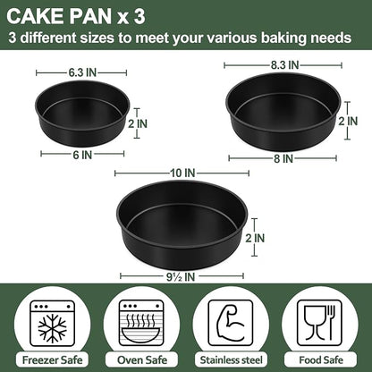 E-far Cake Pan Set of 3 (6 inch/8 inch/9½ inch), Nonstick Round Baking Cake Pans for Tier Birthday Wedding Cake, Stainless Steel Core & Non-Toxic Coating, 2 Inch Deep (Black)