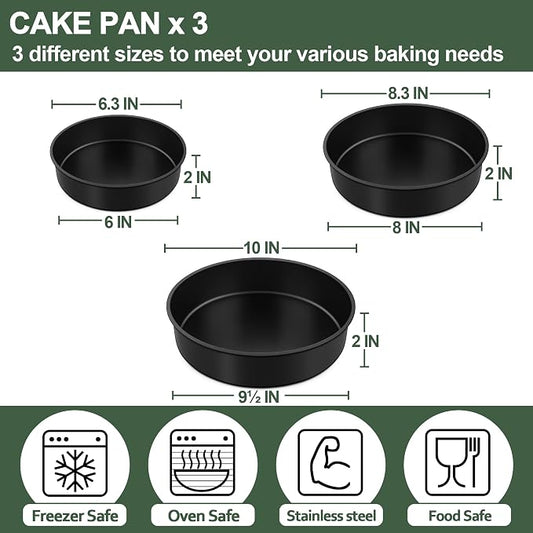 E-far Cake Pan Set of 3 (6 inch/8 inch/9½ inch), Nonstick Round Baking Cake Pans for Tier Birthday Wedding Cake, Stainless Steel Core & Non-Toxic Coating, 2 Inch Deep (Black)