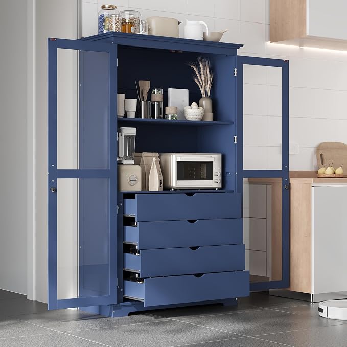 VilroCaz 75'' Tall Kitchen Pantry, Wood Freestanding Kitchen Storage Cabinet Display Cabinet with Glass Doors and 4 Built-in Drawers for Living Room Home Office (Blue-6.21)