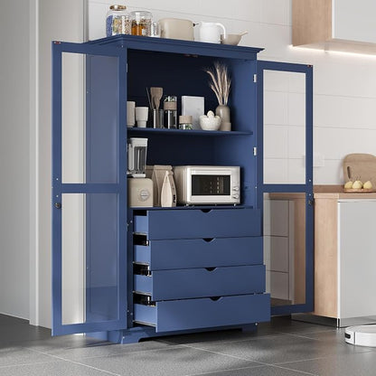 VilroCaz 75'' Tall Kitchen Pantry, Wood Freestanding Kitchen Storage Cabinet Display Cabinet with Glass Doors and 4 Built-in Drawers for Living Room Home Office (Blue-6.21)