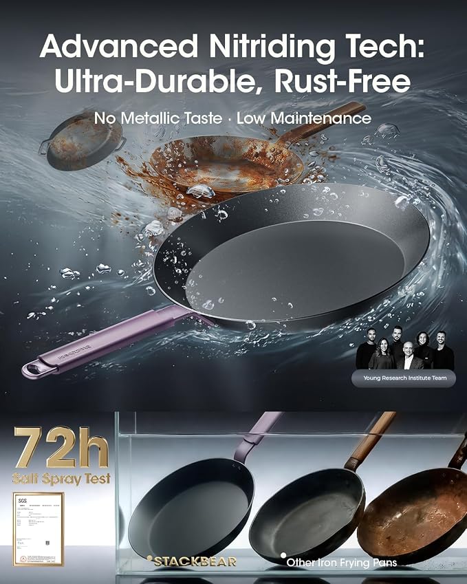 Carbon Steel Skillet 12 Inch, Nitrided Steel Frying Pan, Preseasoned Rust Resistant Large Cooking Pan with Ergonomic Handle & Removable Silicone Grip, Induction & Oven Safe