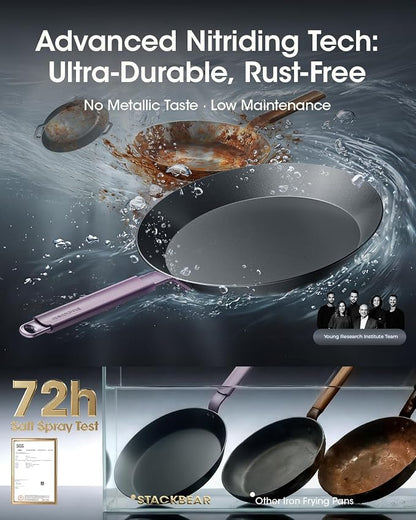 Carbon Steel Skillet 12 Inch, Nitrided Steel Frying Pan, Preseasoned Rust Resistant Large Cooking Pan with Ergonomic Handle & Removable Silicone Grip, Induction & Oven Safe