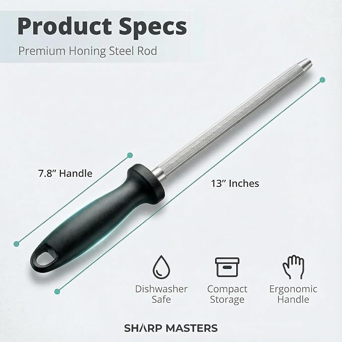 Knife Sharpener Rod, 13 Inch Carbon Steel Honing Steel for Kitchen Knives, Professional Magnetized Sharpening Stick with Nickel-Chrome Plating, Easy Grip Tool for Chef Knives