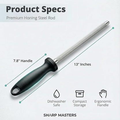 Knife Sharpener Rod, 13 Inch Carbon Steel Honing Steel for Kitchen Knives, Professional Magnetized Sharpening Stick with Nickel-Chrome Plating, Easy Grip Tool for Chef Knives