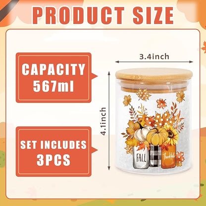 JarThenaAMCS 3Pcs Fall Glass Storage Jars with Airtight Lid Orange Pumpkin Autumn Gnome Truck Clear Food Storage Canisters Sets for Harvest Thanksgiving Home Kitchen Countertop Decoration