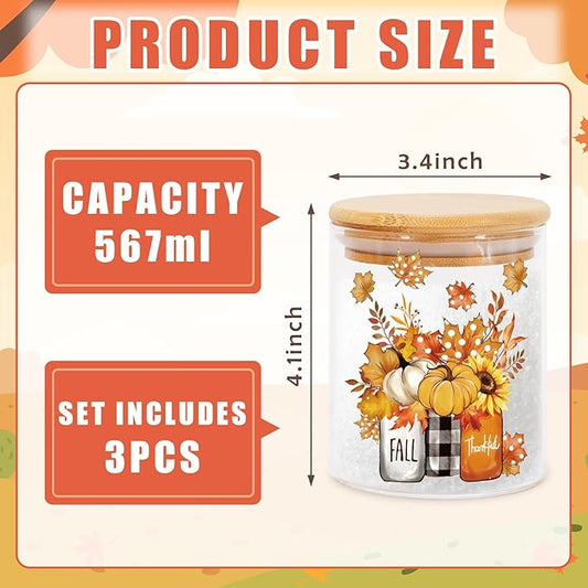 JarThenaAMCS 3Pcs Fall Glass Storage Jars with Airtight Lid Orange Pumpkin Autumn Gnome Truck Clear Food Storage Canisters Sets for Harvest Thanksgiving Home Kitchen Countertop Decoration