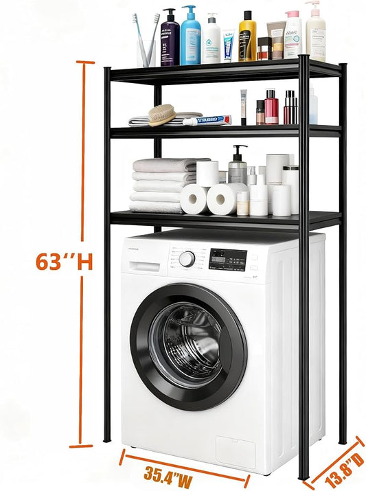 Height-Adjustable Bathroom & Laundry Storage Shelf, 3-Tier Metal Organizer Rack for Washer Dryer, Sturdy Shelving Unit for Bathroom Essentials, 63" H x 35.4" W x 13" D Inches