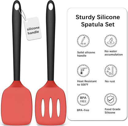 Coukre 2 Pack Silicone Spatula Set, High Heat Resistant, BPA Free Kitchen Spatula, Solid & Slotted Turner for Non-Stick Pans, Sautéing, and Flipping (2, Red)