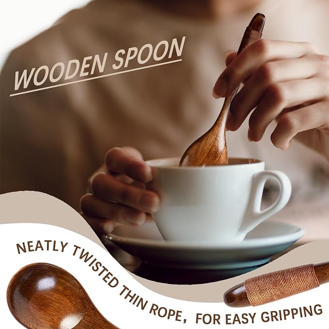 6 PCS Wooden Spoons for Honey, 6.7 inch Small Wooden Spoons - Terrific for Tea, Coffee & Soup, Little Wood Serving Table Spoon Set, Bulk Bamboo Teaspoon for Eating with Wrapped Handles