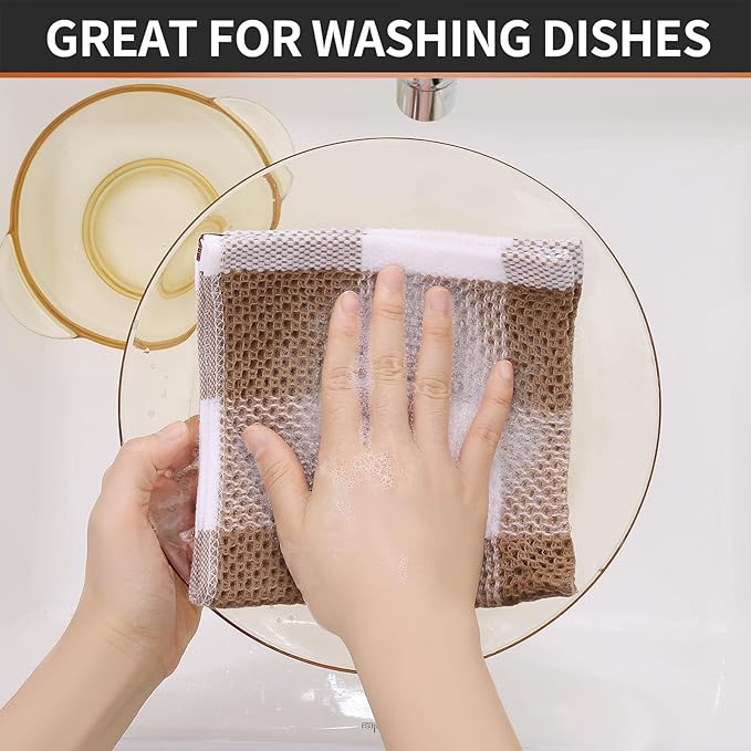Homaxy 100% Cotton Waffle Weave Check Plaid Dish Cloths, 12 x 12 Inches, Super Soft and Absorbent Dish Towels Quick Drying Dish Rags, 8-Pack, White & Khaki