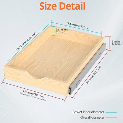 ZOINLIY 15''W X 21''D X 3''H Wooden Pull Out Drawer for Cabinet, Cabinet Organizer for Kitchen, Soft Close Slide Out Shelves, Heavy Duty, Full-Extension