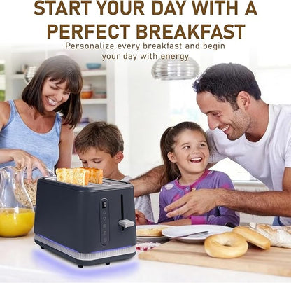 Stainless Steel Toaster 2 Slices, Toasters Wide Slot, Bread Toaster with Cancel, Reheat, Defrost Function, Bagel Toasters with Removable Tray & 6 Temperature Settings, LED Display, Grey
