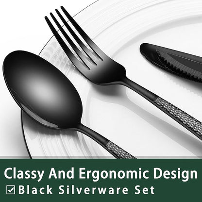 EWFEN 24-Piece Black Silverware Set with Steak Knives, Black Flatware Set for 4, Food-Grade Stainless Steel Tableware Cutlery Set, Mirror Finished Utensil Sets for Home Restaurant, Round Hammered