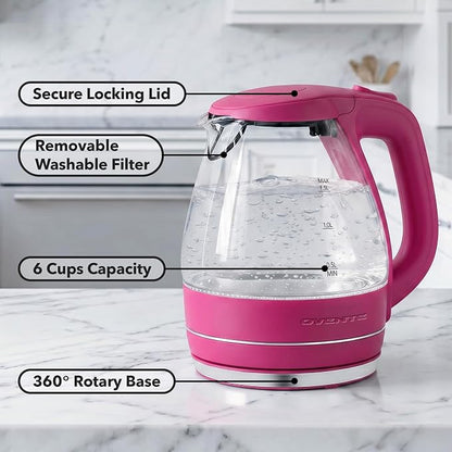 OVENTE Electric Kettle, 1.5L Borosilicate Glass Countertop Water Heater and Boiler for Coffee or Tea, BPA-Free, Auto Shut-Off, Boil-Dry Protection, Removable and Washable Spout Filter, Pink KG83F