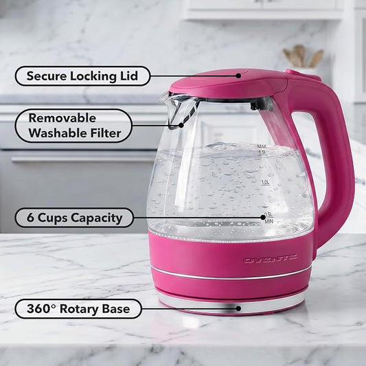 OVENTE Electric Kettle, 1.5L Borosilicate Glass Countertop Water Heater and Boiler for Coffee or Tea, BPA-Free, Auto Shut-Off, Boil-Dry Protection, Removable and Washable Spout Filter, Pink KG83F