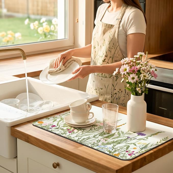 LOKHOM Dish Drying Mat for Kitchen Counter, 12"x20" Absorbent Coffee Bar Mat with Spring Summer Herb Plant, Wildflower Floral Dish Drainer Rack Mat for Kitchen Counter
