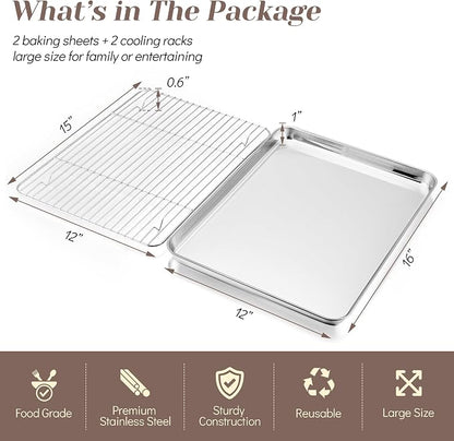 TeamFar Baking Sheet with Rack Set (2 Pans + 2 Racks), 16 x 12 x 1 Inch, Stainless Steel Baking Pan Cookie Sheet with Cooling Rack for baking, Non Toxic & Healthy, Easy Clean & Dishwasher Safe