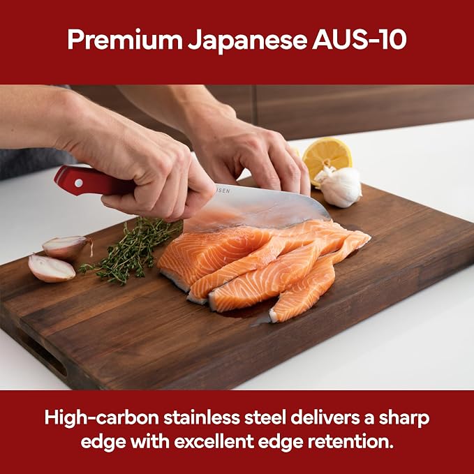 Misen Japanese Santoku Chef Knife - 7.5 Inch High Carbon Stainless Steel - Classic Japanese Knife Design for Cutting, Slicing, and Chopping - Razor Sharp Japanese Style Kitchen Knife, Red