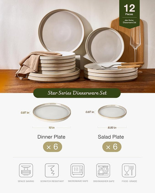 Famiware Star 12-Piece Stoneware Flat Plate Set for 6-10.5" Dinner Plates & 8" Salad Plates, High Edge Dinnerware with Trim, Chip & Scratch Resistant, Microwave & Dishwasher Safe, Cappuccino White