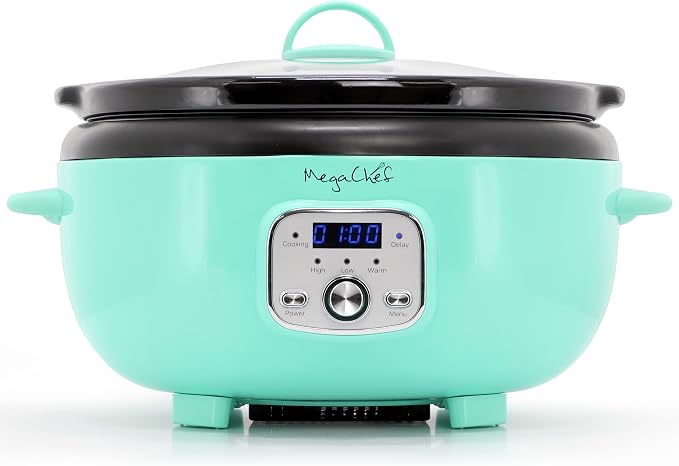 MegaChef 6.9 Quart Oval Electric Slow Cooker, Removable Ceramic Pot, 3 Heat Settings, Kitchen Appliance, Countertop Cooker (Turquoise)