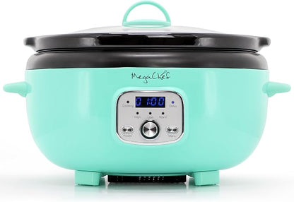 MegaChef 6.9 Quart Oval Electric Slow Cooker, Removable Ceramic Pot, 3 Heat Settings, Kitchen Appliance, Countertop Cooker (Turquoise)