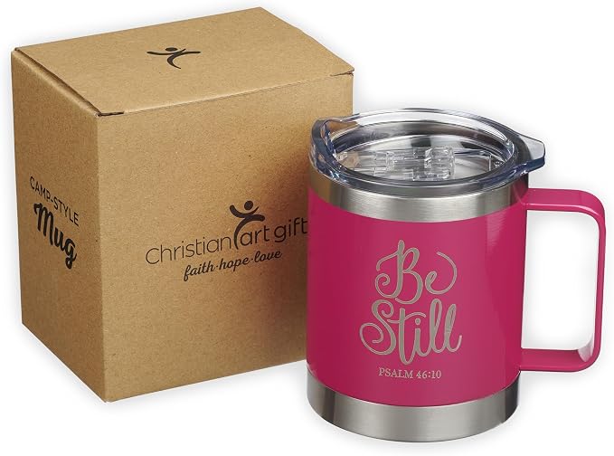 Christian Art Gifts Stainless Steel Double Wall Vacuum Insulated Camp Style Travel Mug 11 oz Pink Coffee Mug with Retractable Lid and Handle for Women with Bible Verse - Be Still -Psalm 46:10