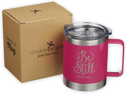Christian Art Gifts Stainless Steel Double Wall Vacuum Insulated Camp Style Travel Mug 11 oz Pink Coffee Mug with Retractable Lid and Handle for Women with Bible Verse - Be Still -Psalm 46:10