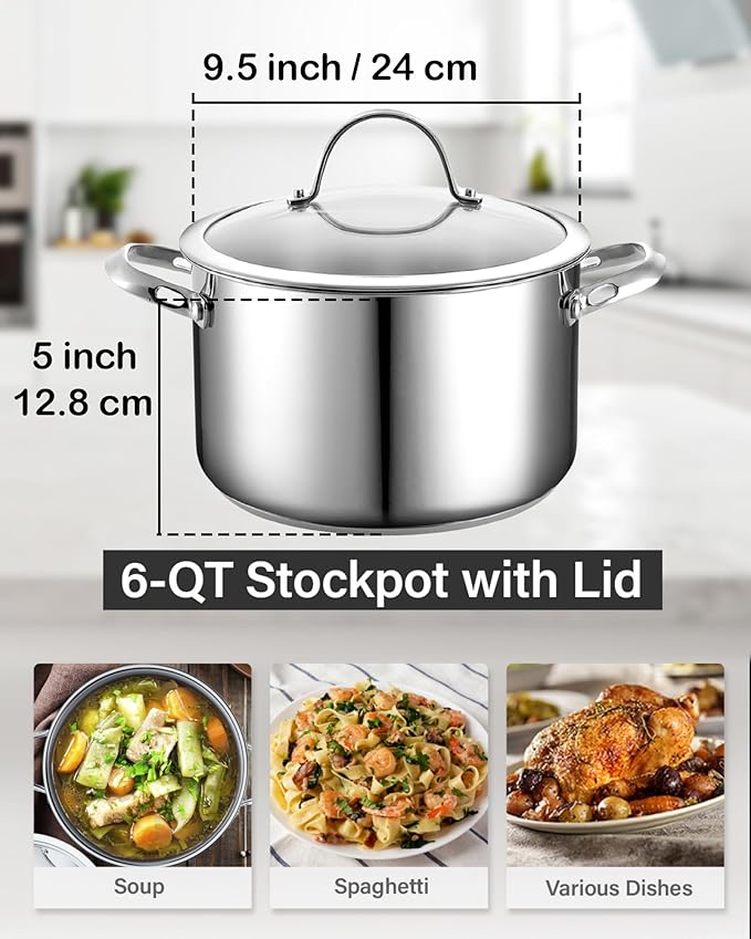 Cooks Standard Classic 6-Quart Stainless Steel Dutch Oven Casserole with Glass Lid, Large Dutch Oven Casserole for Soup, Stew, Chili & Pasta, Compatible with All Stovetops