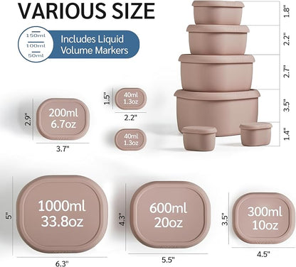 ISSEVE 6Pcs/Set Nesting Silicone Food Storage Containers with Lids, BPA Free Reusable Meal Prep Silicone Containers Lunch Box Bento Box Set (33.8oz, 20oz, 10oz, 6.7oz, 1.3oz) (Pink)