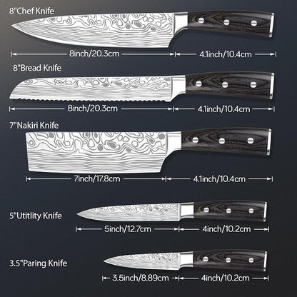 5PCS Kitchen Knife Set, High Carbon Stainless Steel Kitchen Knife Set, Professional 8 "Chef's Knife and 7" Nakiri Knife and Multi-Purpose Knife Set, Sharpener, Finger Protector