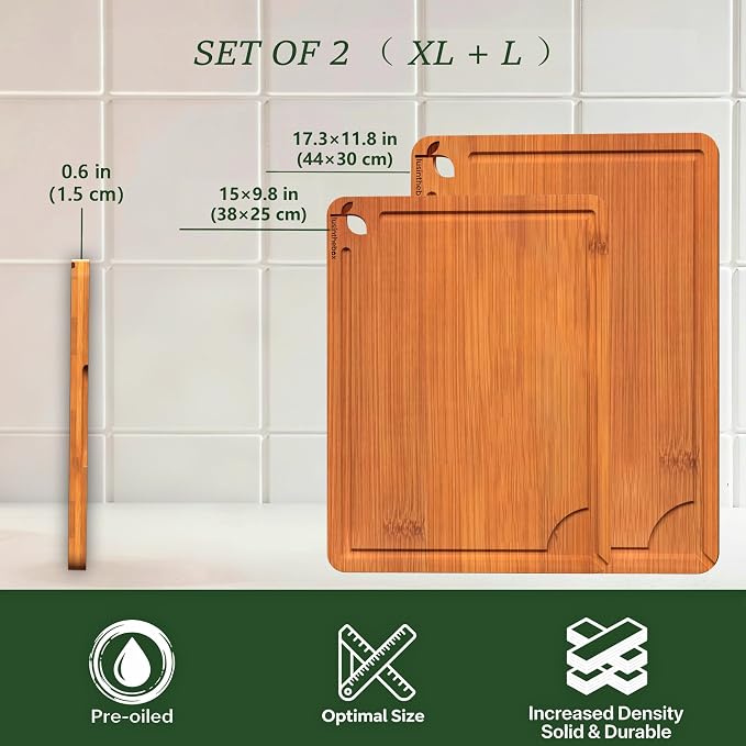 Cutting Board Set of 2,Chopping Boards for Kitchen Meal Prep,Large and X-Large Wood Cutting Boards for Meat, Vegetables and Fruit, Deep Carbonized Bamboo Boards for Daily Cooking and Small Kitchen